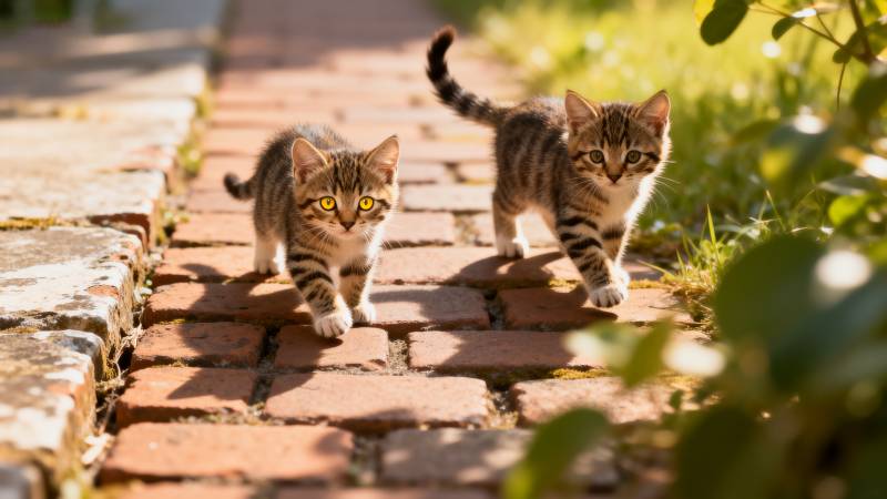 两只小猫在砖路上图片