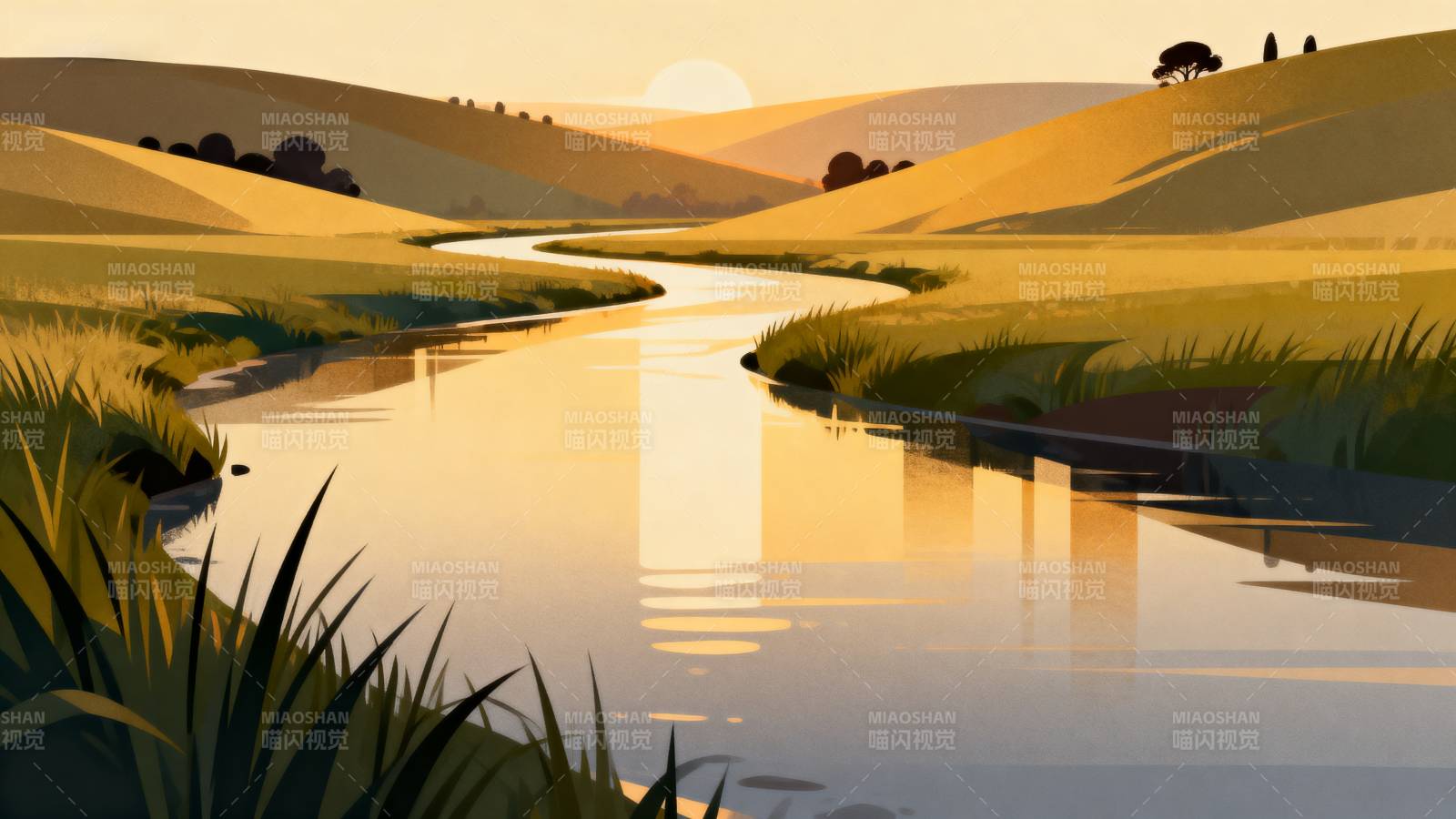 夕阳下的静谧河谷图片