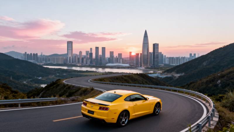 黄车驰骋城市山景图片