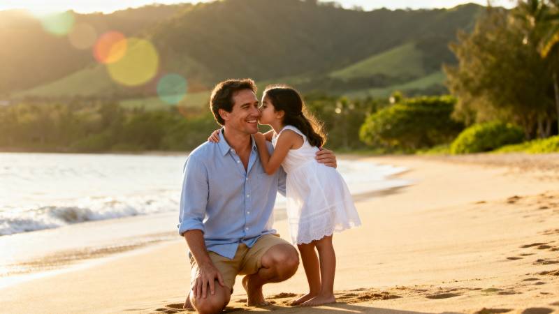 海滩父女温馨时刻图片