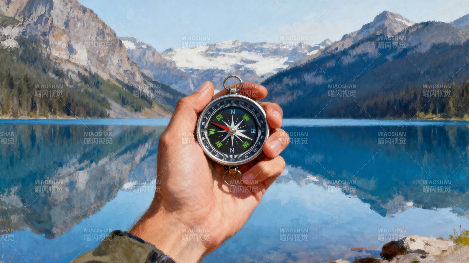 山湖映照 手持指南针图片
