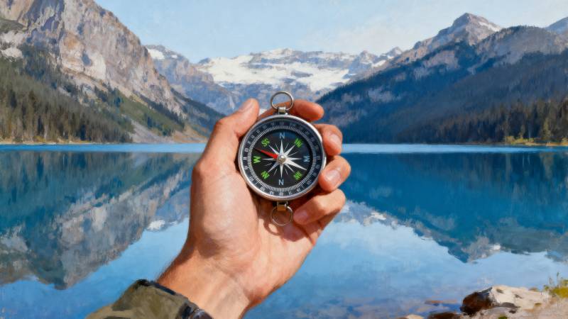 山湖映照 手持指南针图片