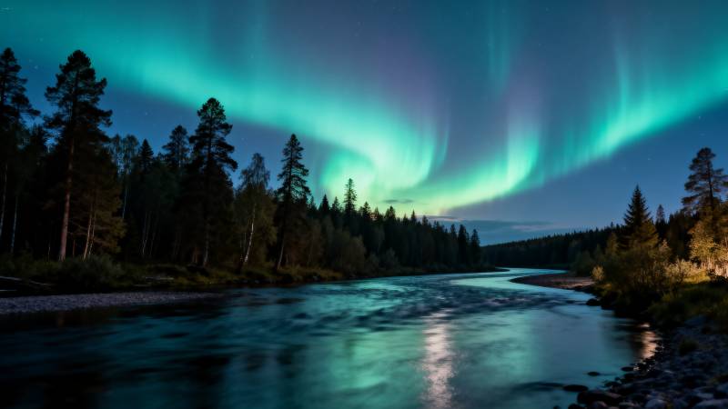 极光映照森林河图片