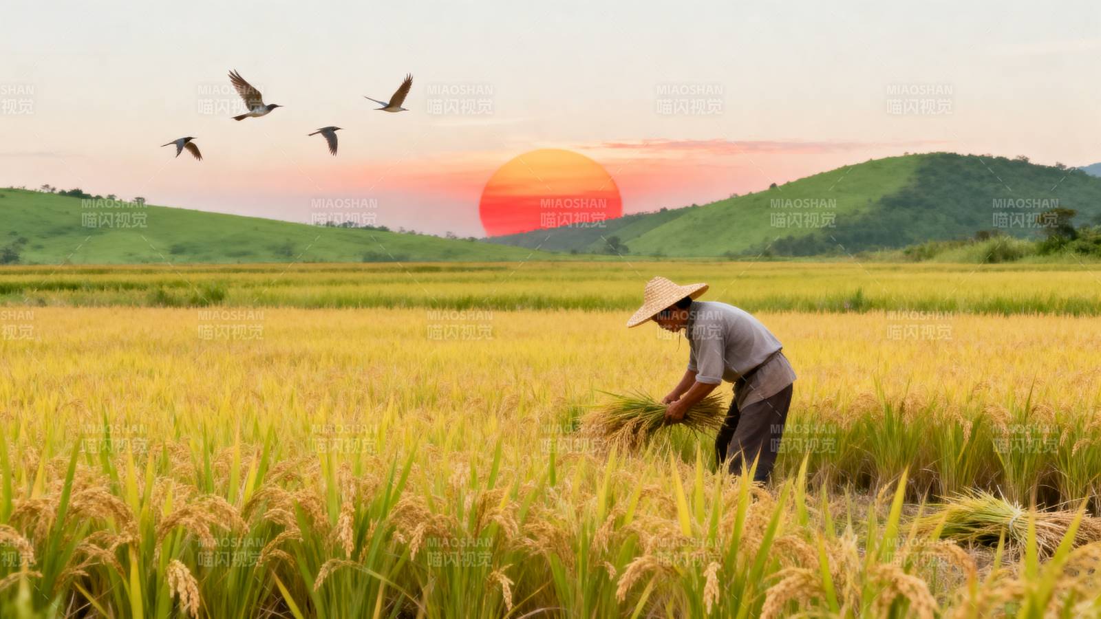 夕阳下的稻田收割图片