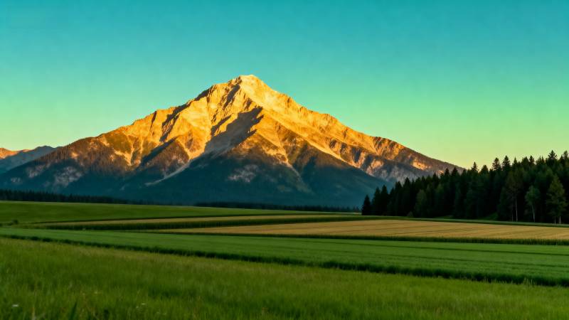 雪山映照绿野图片