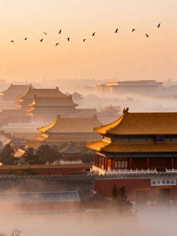 故宫晨雾飞雁图片