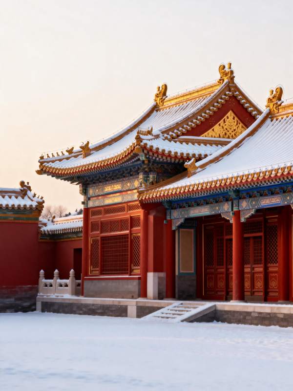 雪映古殿红墙图片