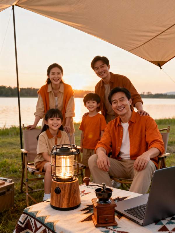 湖畔温馨家庭露营图片