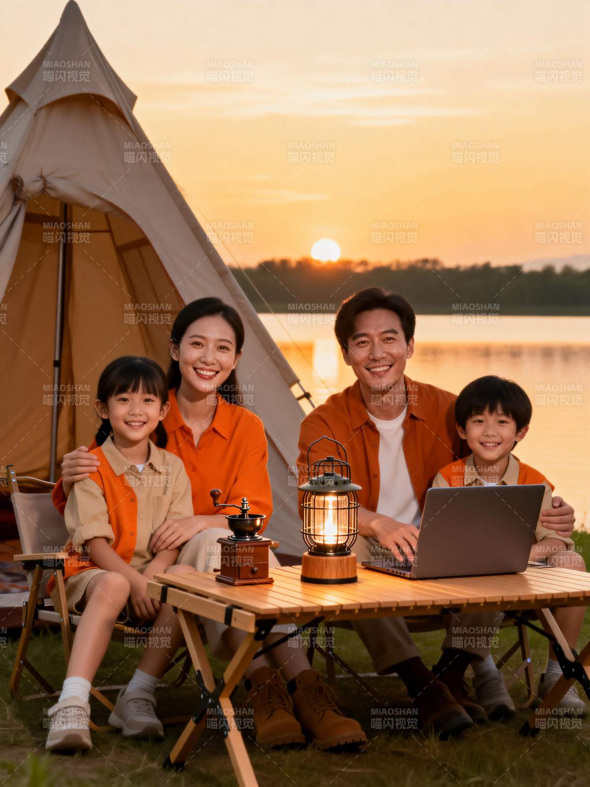 一家四口湖畔露营图片
