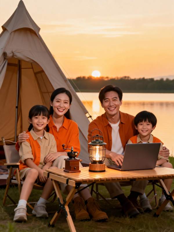 一家四口湖畔露营图片