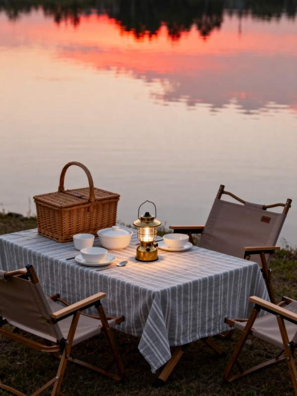 湖畔夕阳野餐图片