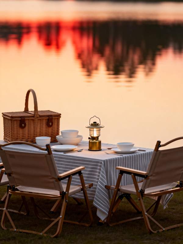 湖畔夕阳野餐图片