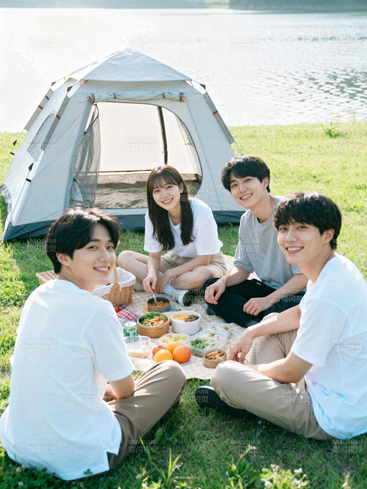 湖畔野餐四人行图片