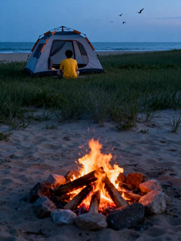 海边露营篝火夜图片