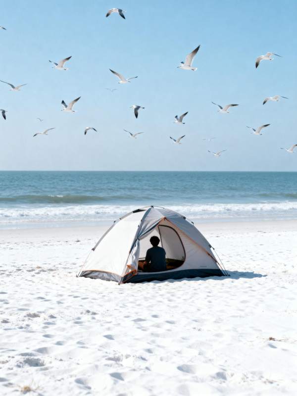 海滩上的帐篷与飞鸟图片