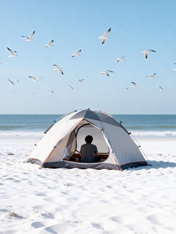 沙滩帐篷与飞鸟图片