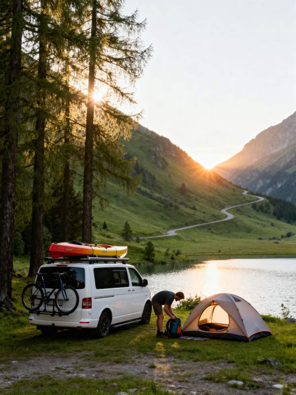 湖畔露营 夕阳美景图片