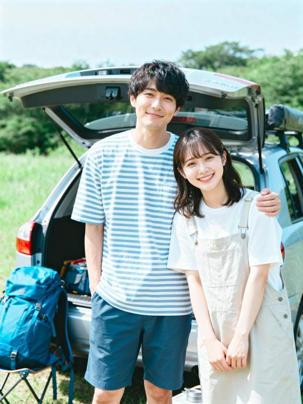 情侣郊外野餐合影图片