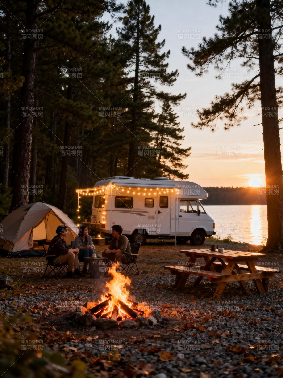 湖畔露营 篝火夜话图片