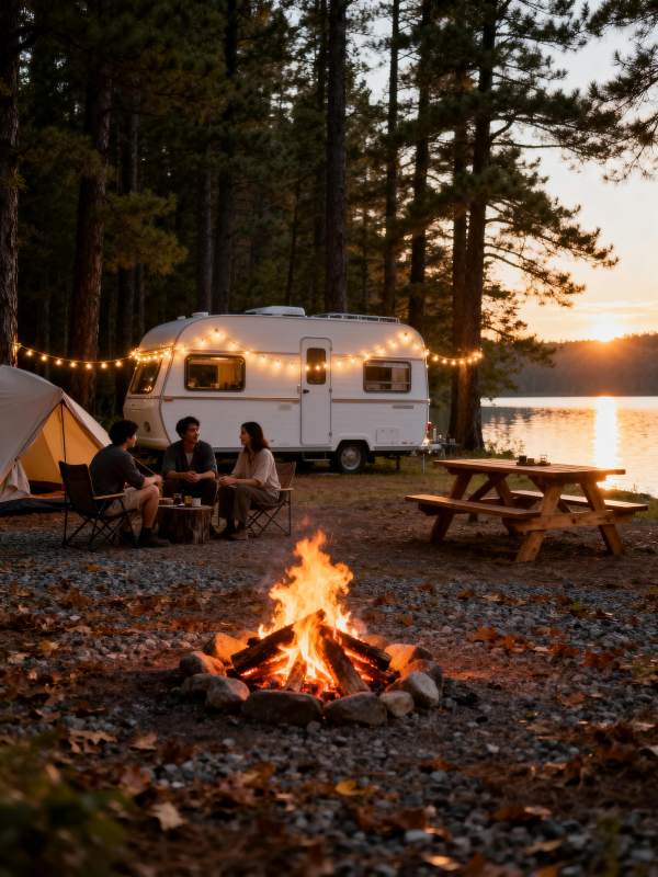 湖畔露营 篝火晚餐图片