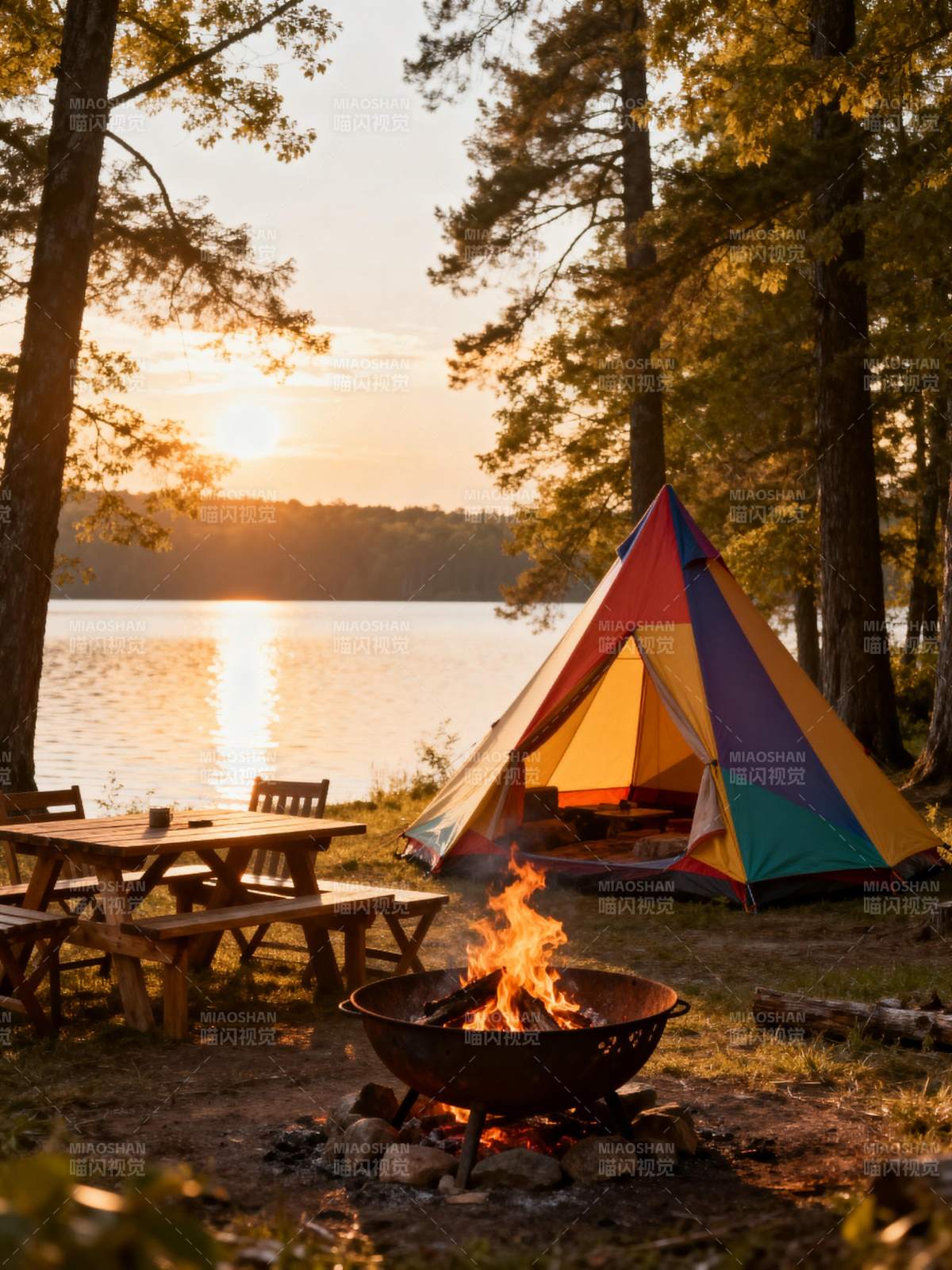 湖畔露营夕阳美图片