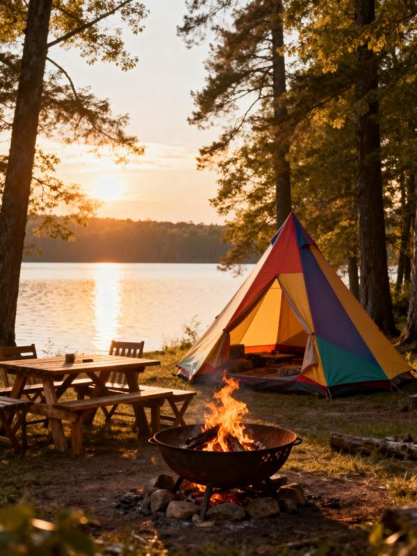 湖畔露营夕阳美图片