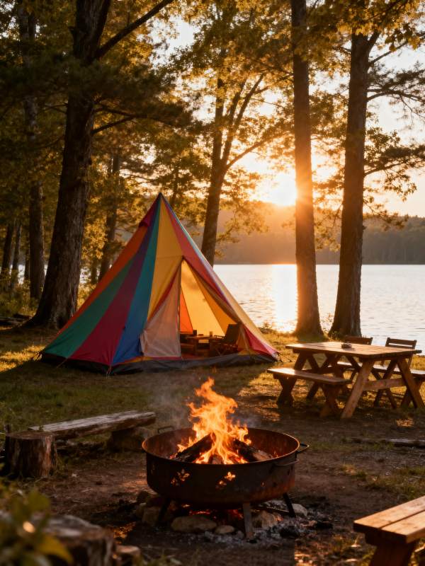 湖畔露营 篝火夕阳图片