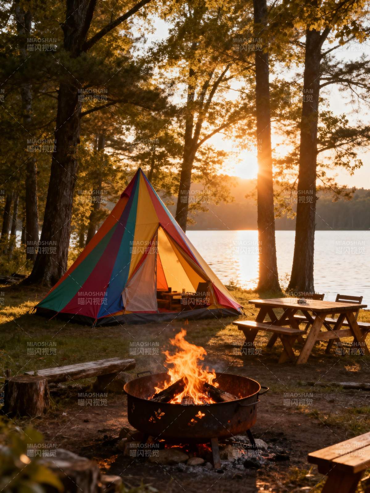 湖畔露营 篝火夕阳图片
