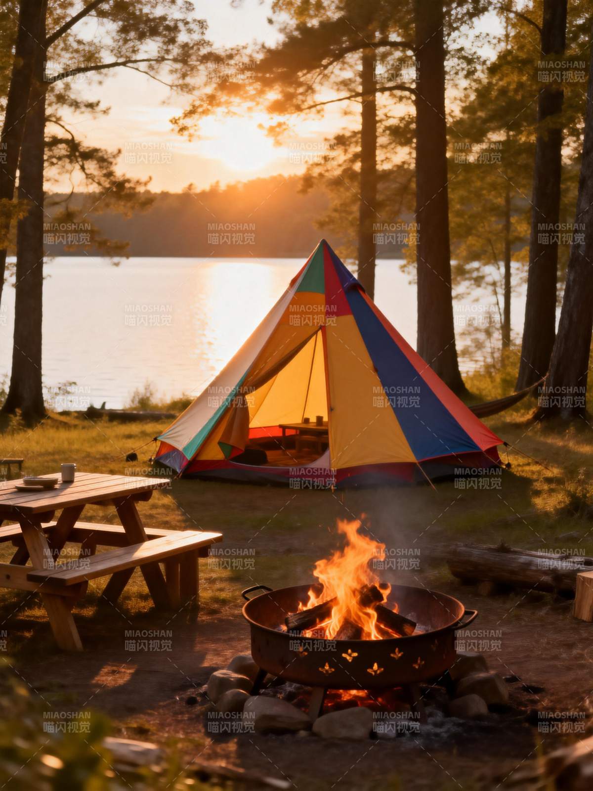 湖畔露营 篝火映晚霞图片
