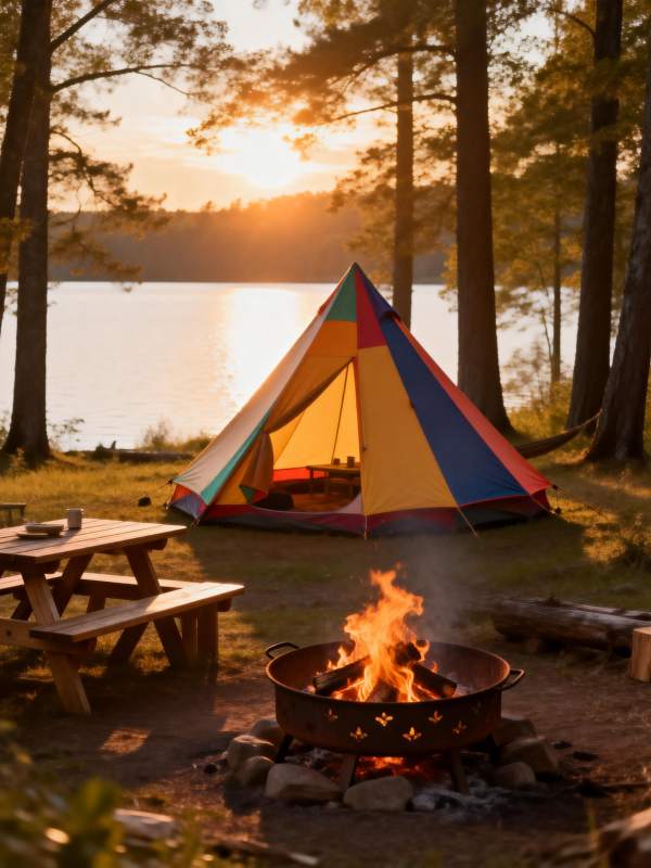 湖畔露营 篝火映晚霞图片