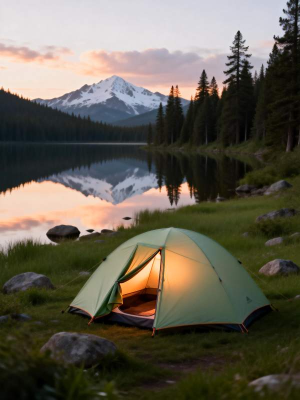 湖畔帐篷映雪山图片