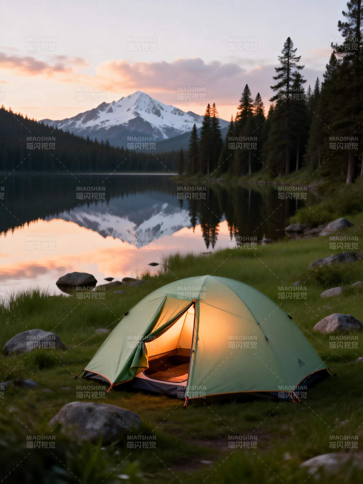 湖畔帐篷映雪山图片