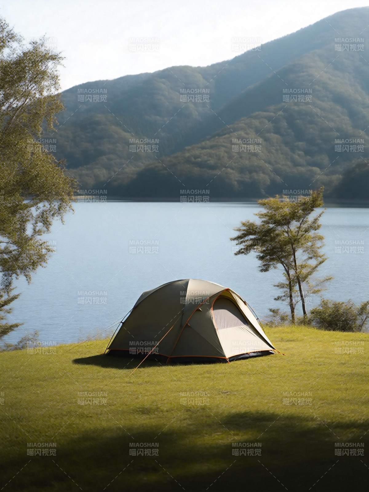 湖畔露营 山景如画图片