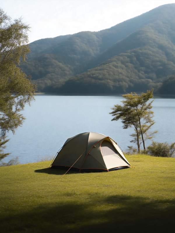 湖畔露营 山景如画图片