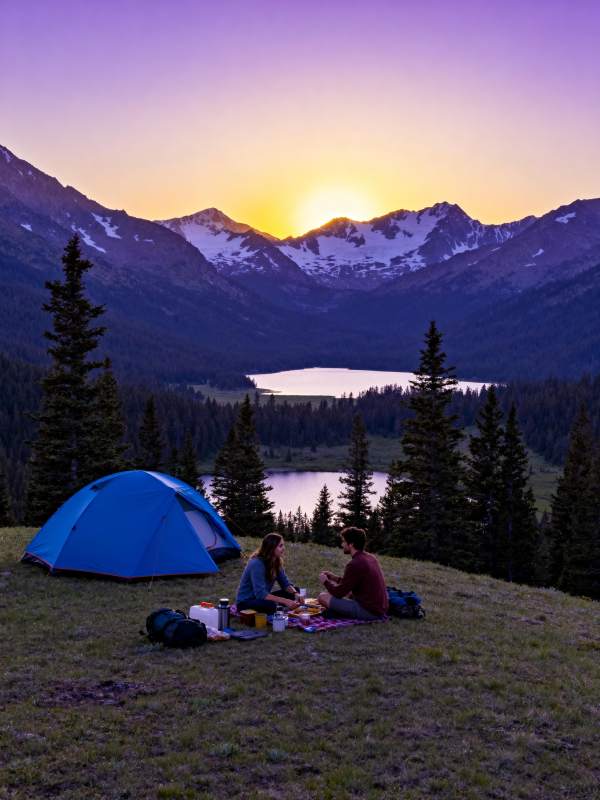 山湖日落露营图图片
