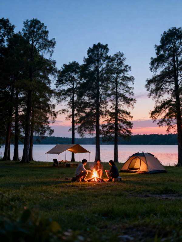 湖畔篝火夜露营图片