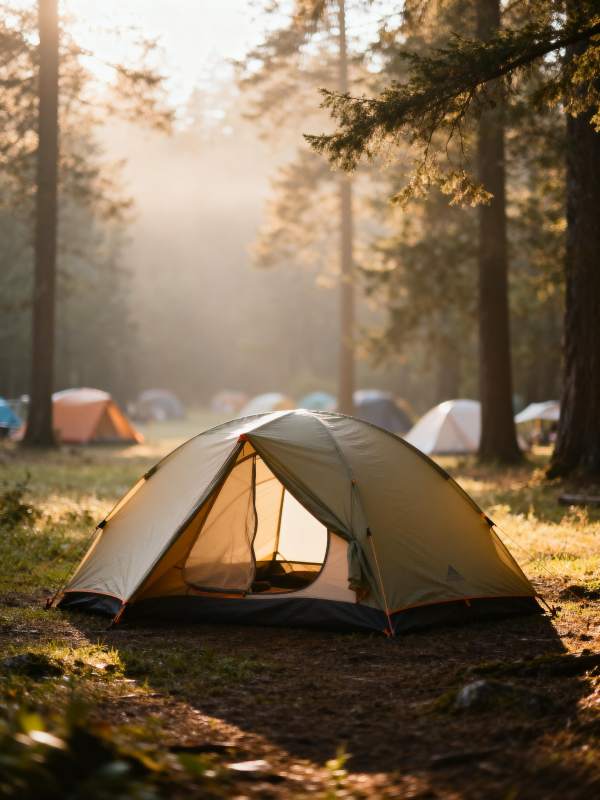 林间晨光露营图片