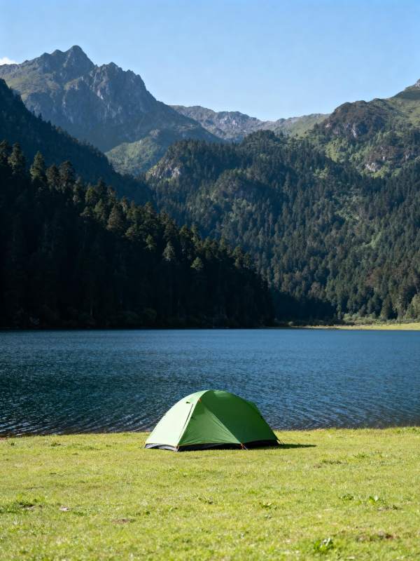 湖畔绿帐山景图片