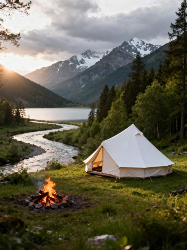 山野露营 篝火映雪峰图片