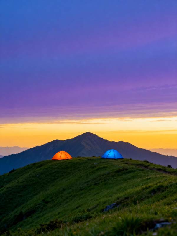 山巅双帐映霞光图片