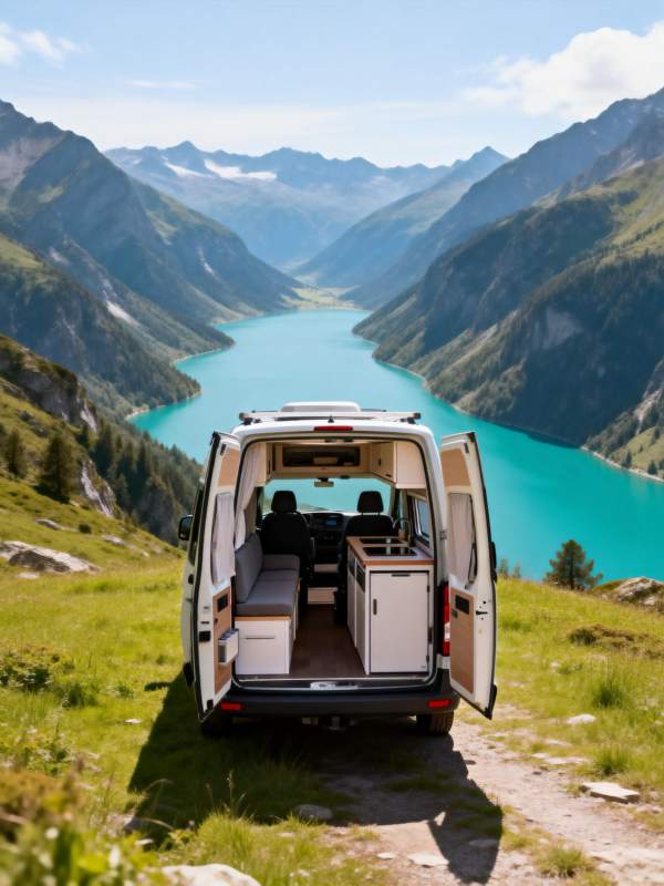 山湖间的露营车图片