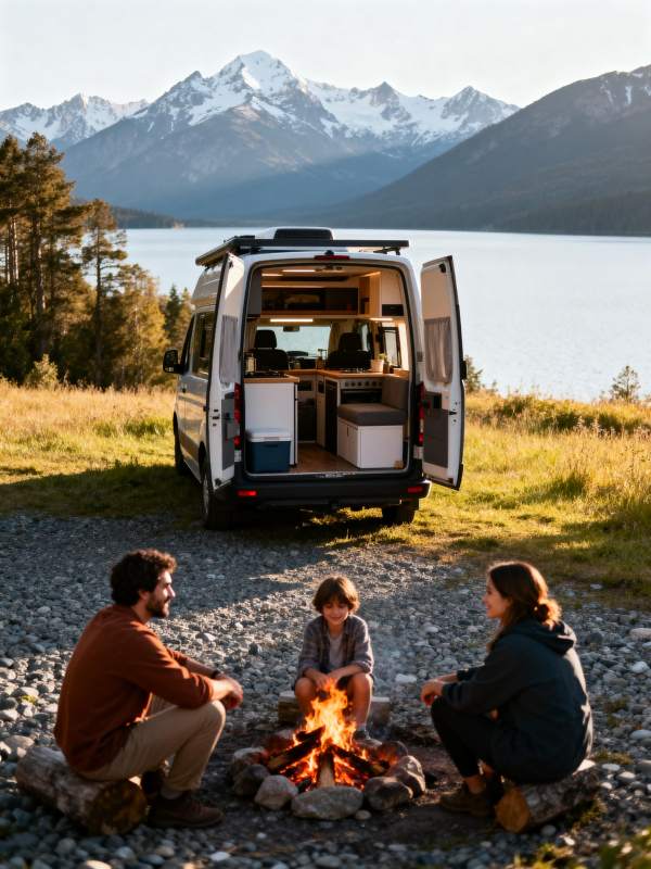 湖畔露营 温馨一家图片
