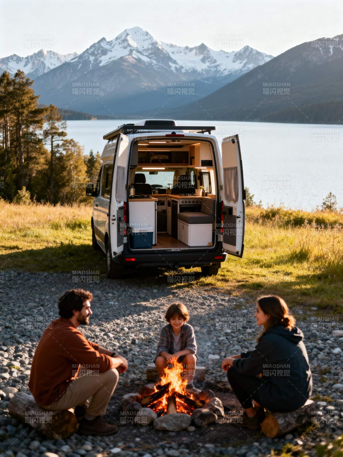 湖畔露营 温馨一家图片
