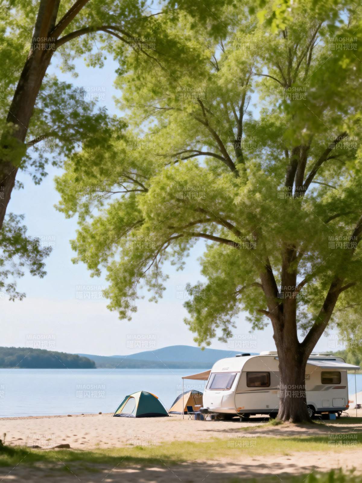 湖畔树下露营图片