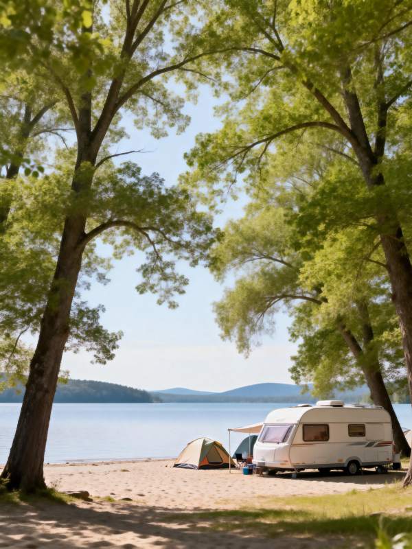 湖畔露营 树影婆娑图片