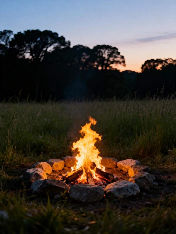 篝火映晚霞图片