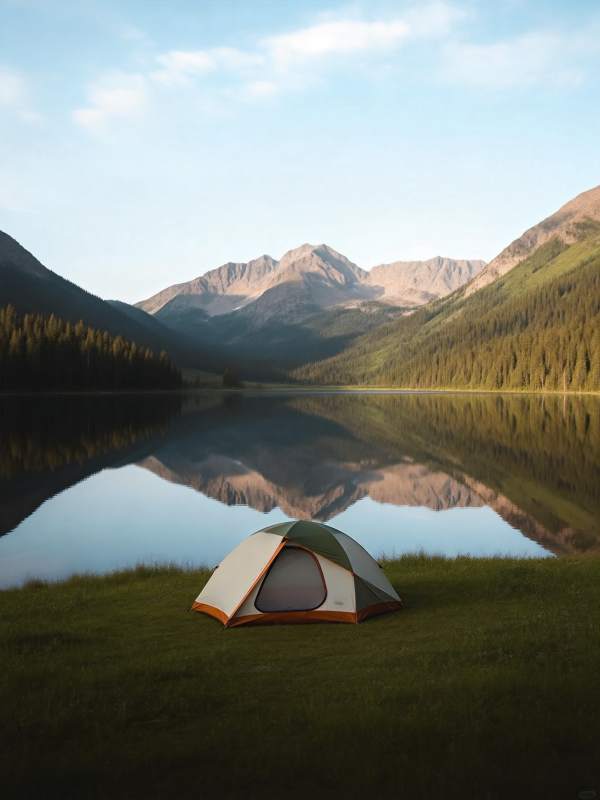 湖畔帐篷静谧山景图片