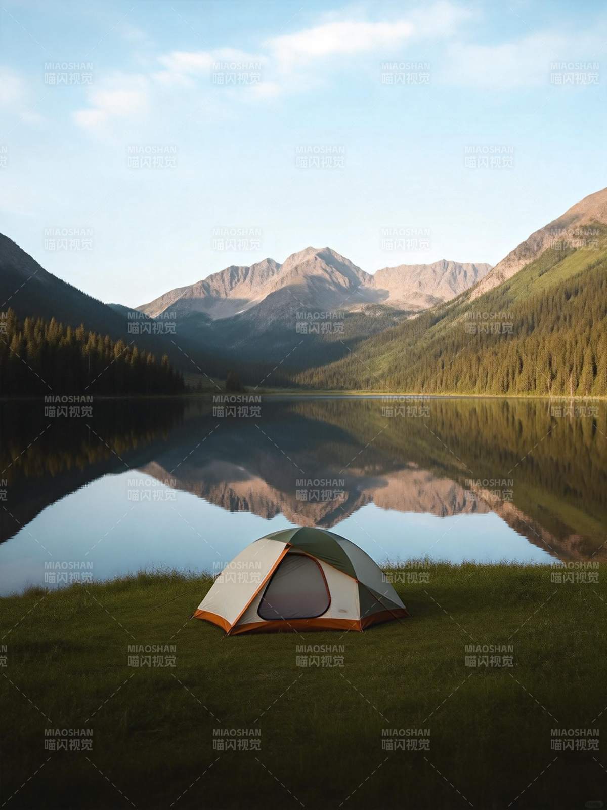 湖畔帐篷静谧山景图片