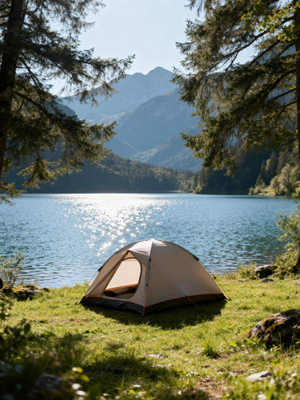 湖畔露营 山景如画图片