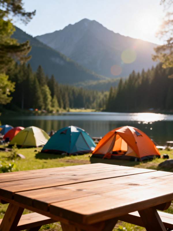 湖畔露营 山景如画图片